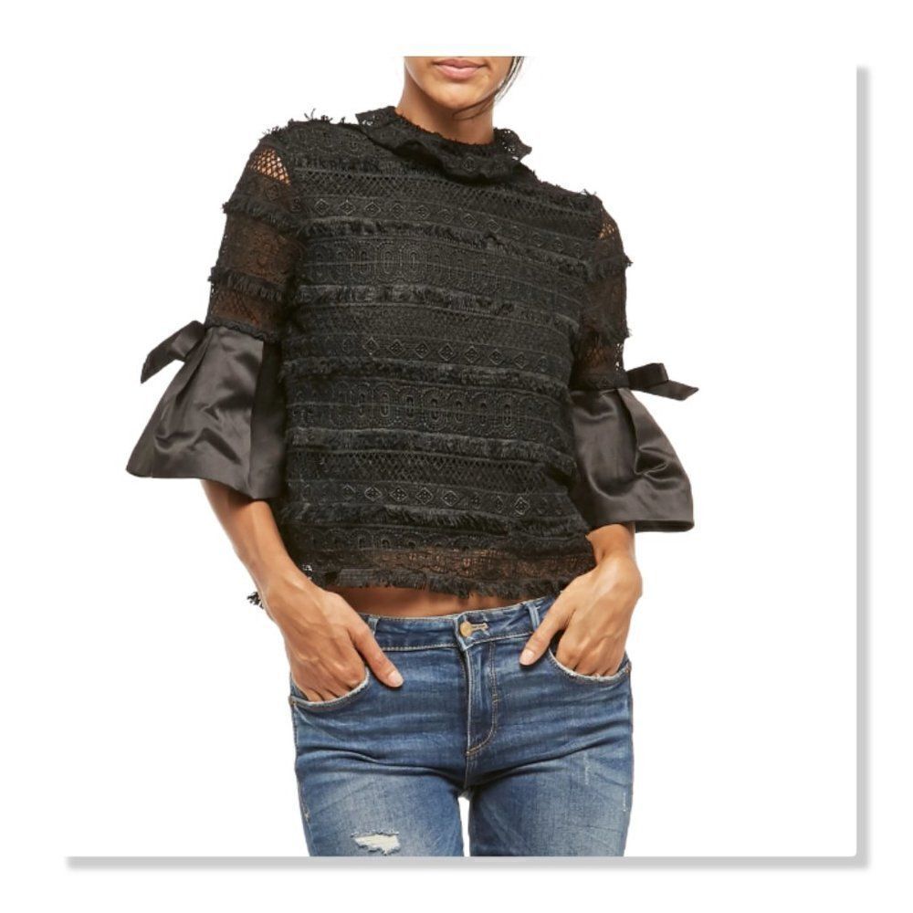 Alpha & Omega | Satin Cuff Lace Blouse - size Medium in Black